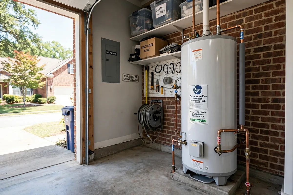 Water heater in a Greenville, SC home garage — SC Water Heater Services
