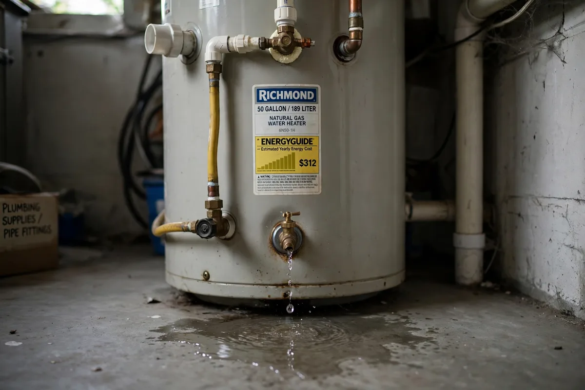 Leaking water heater with water pooling at the base in a South Carolina home — SC Water Heater Services