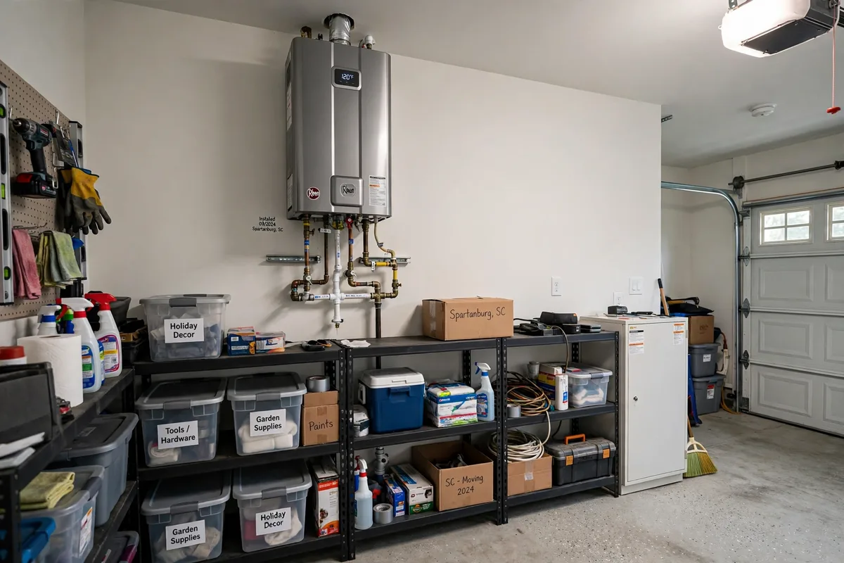 Tankless water heater installed in a Spartanburg, SC garage — SC Water Heater Services