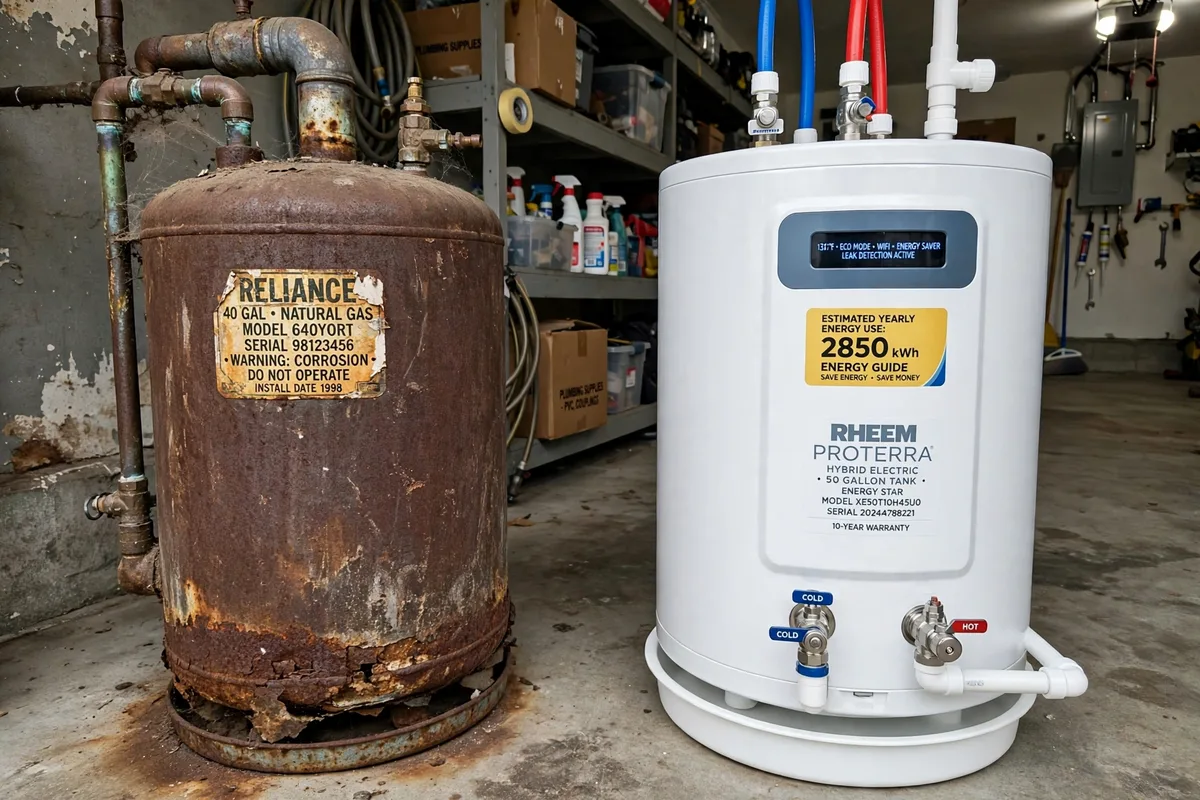 Water heater replacement, old tank next to a new unit, in South Carolina — SC Water Heater Services