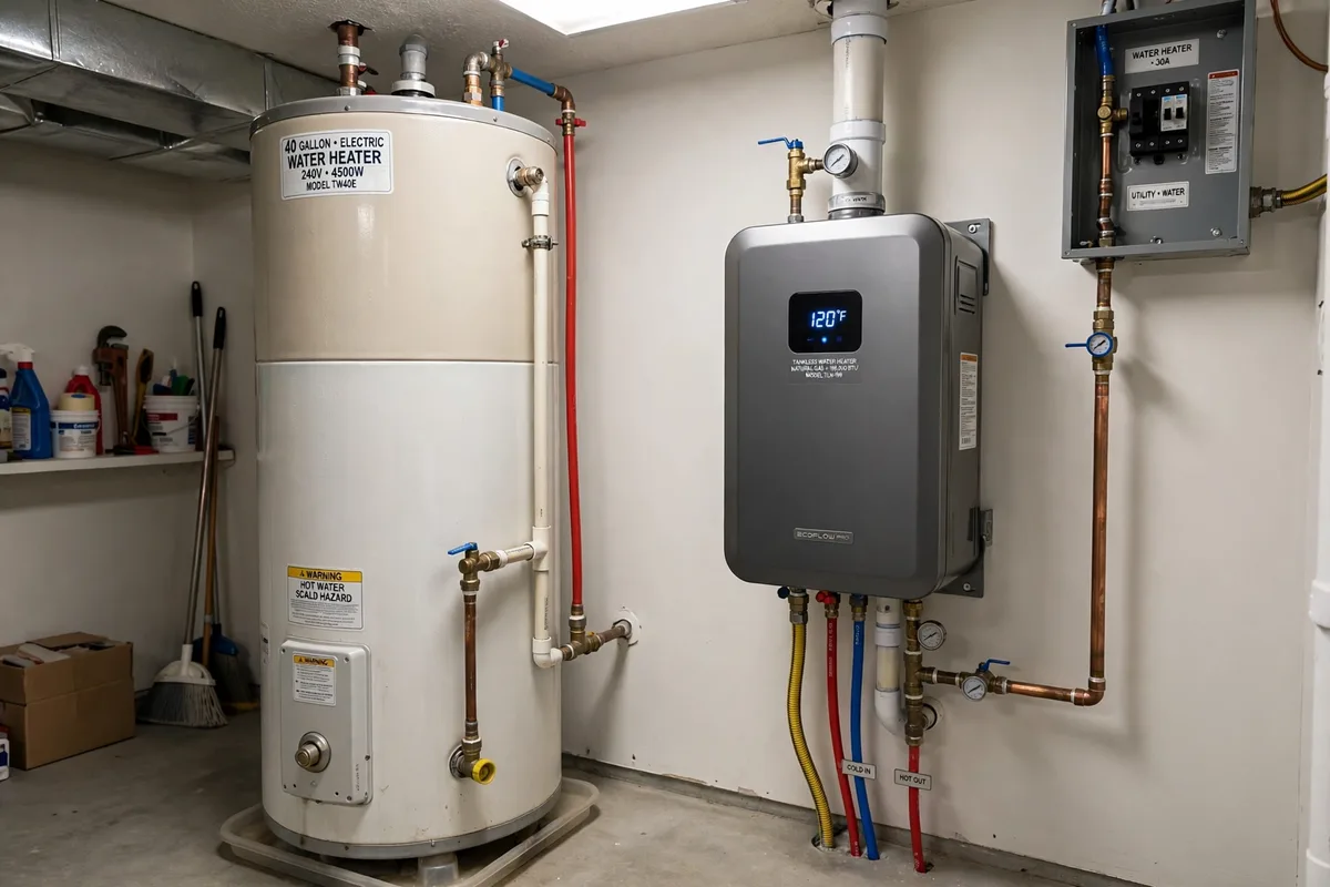 Tank and tankless water heaters side by side in a South Carolina utility room — SC Water Heater Services