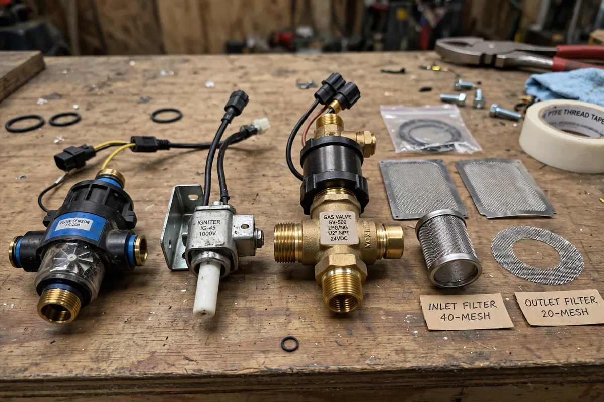 Tankless water heater parts — flow sensor, igniter and valves — SC Water Heater Services